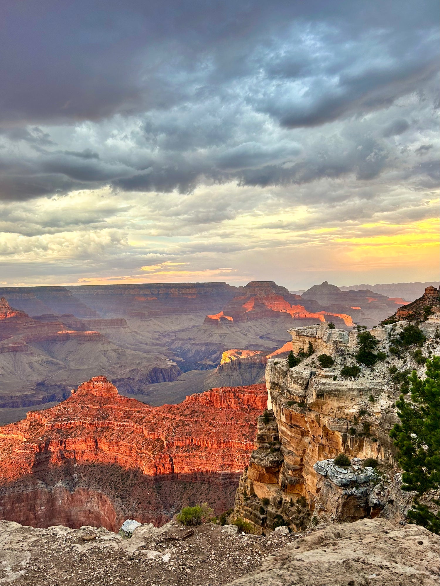 Scenic view of the Grand Canyon at sunset with clouds.