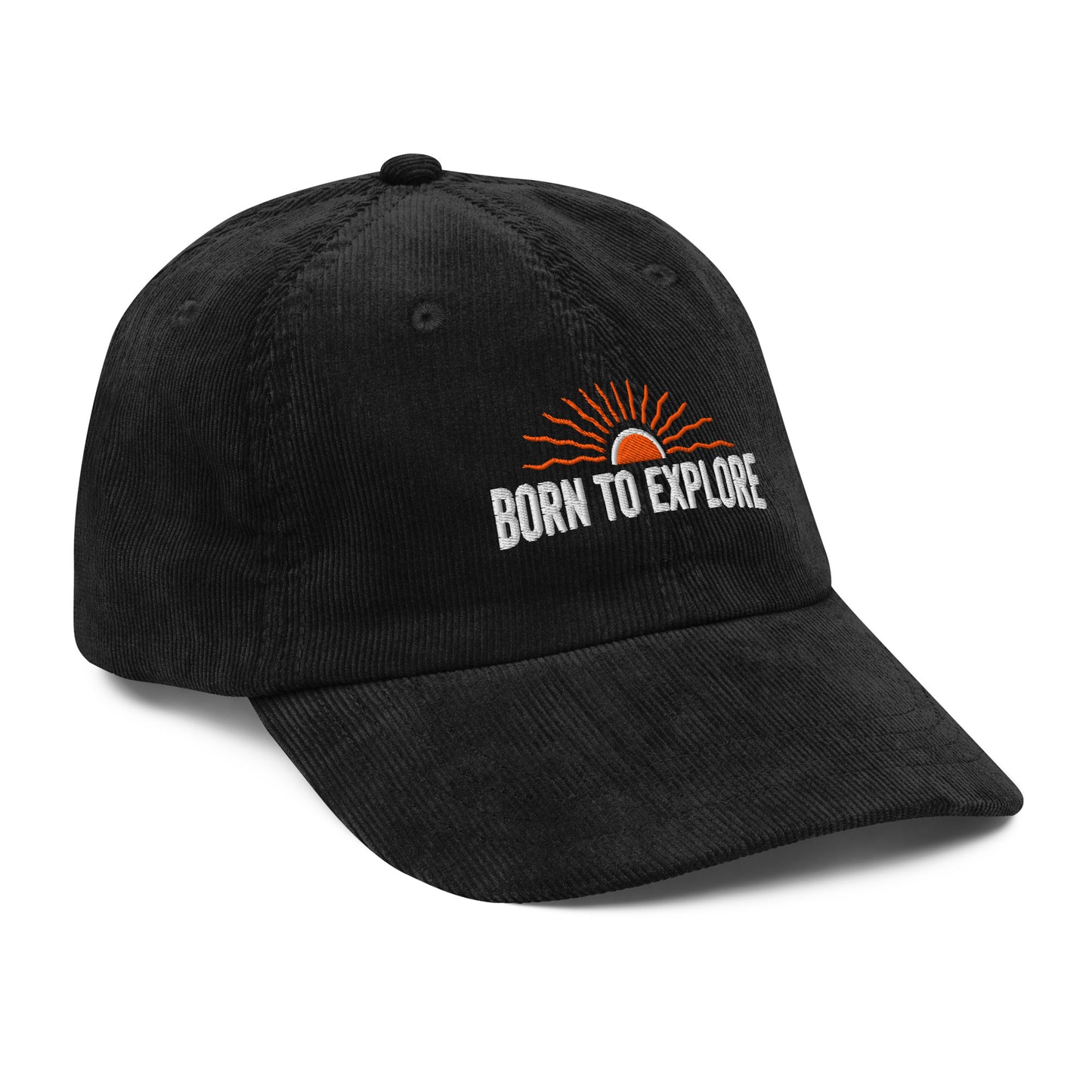 Black cap with 'Born to Explore' text and logo on a white background