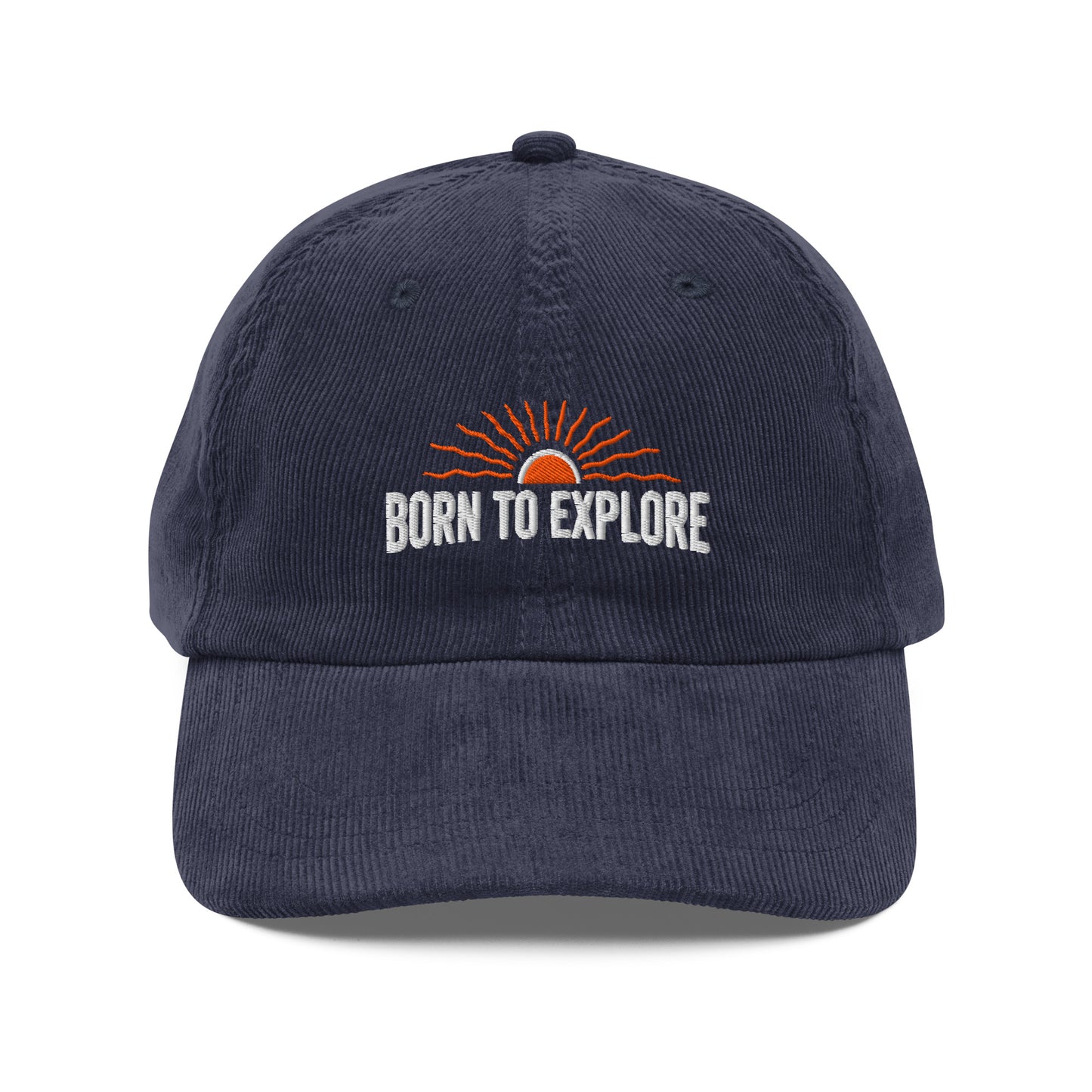 Navy blue cap with 'Born to Explore' text and sun graphic on a white background