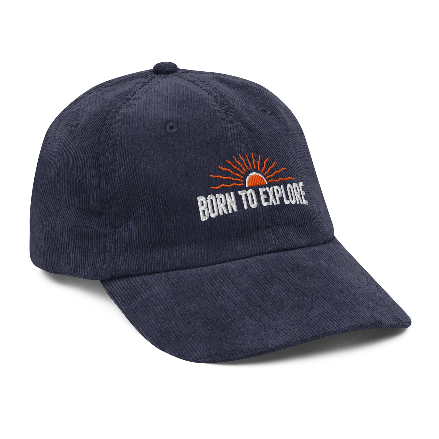 Navy blue cap with 'Born to Explore' text and logo on a white background