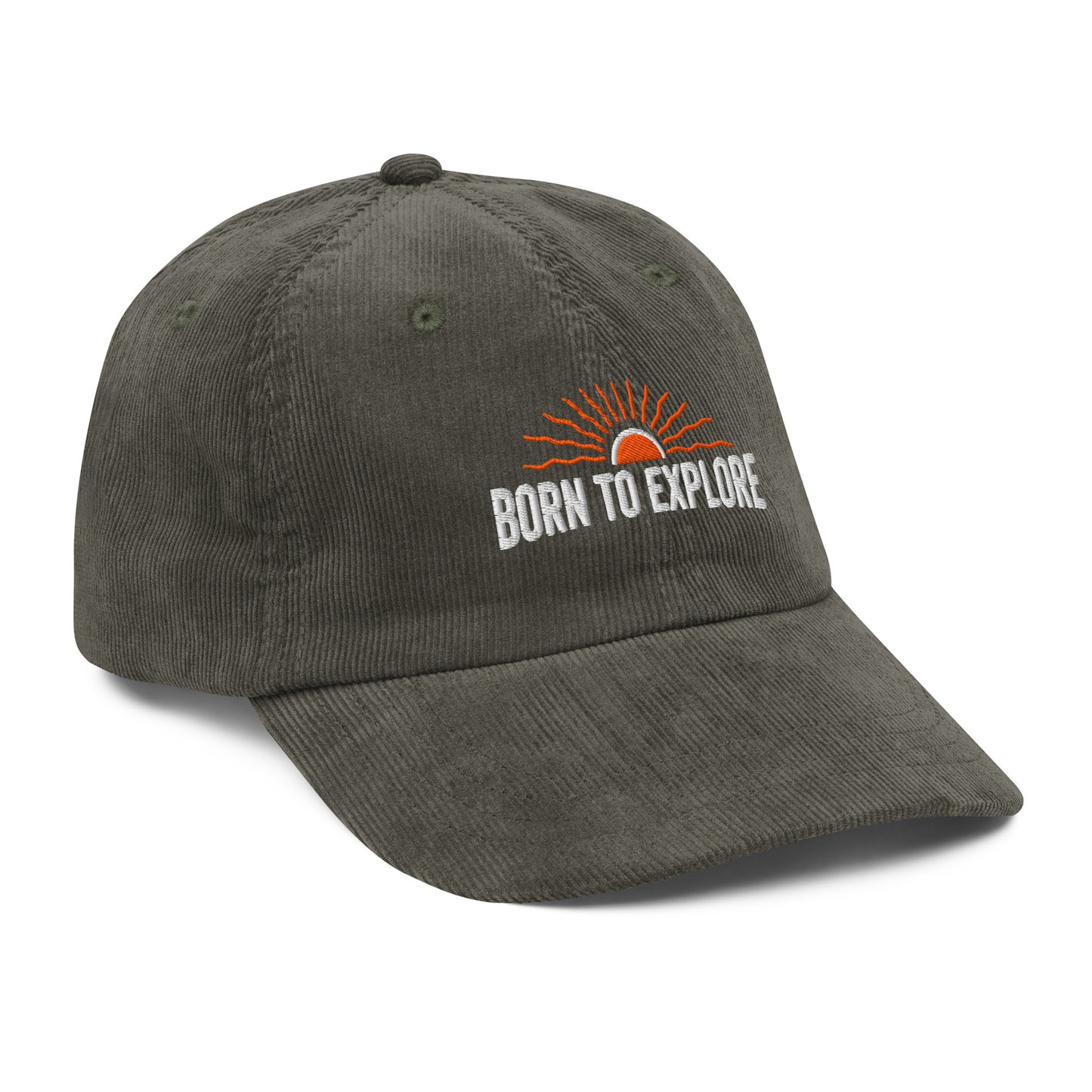 Gray/light green cap with 'Born to Explore' text and logo on a white background
