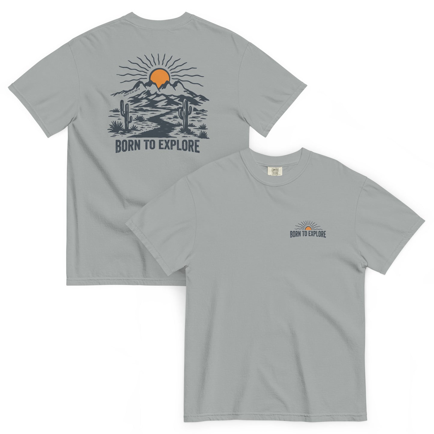 Granite gray t shirt with nature themed graphic design, sun, mountain, cacti and dirt trail with the text 'born to explore'