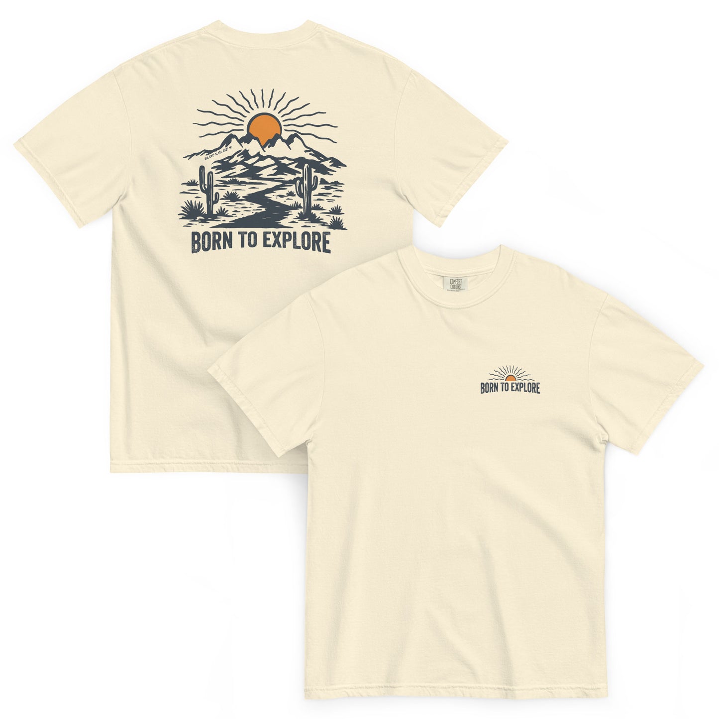 Ivory beige t shirt with nature themed graphic design, sun, mountain, cacti and dirt trail with the text 'born to explore'