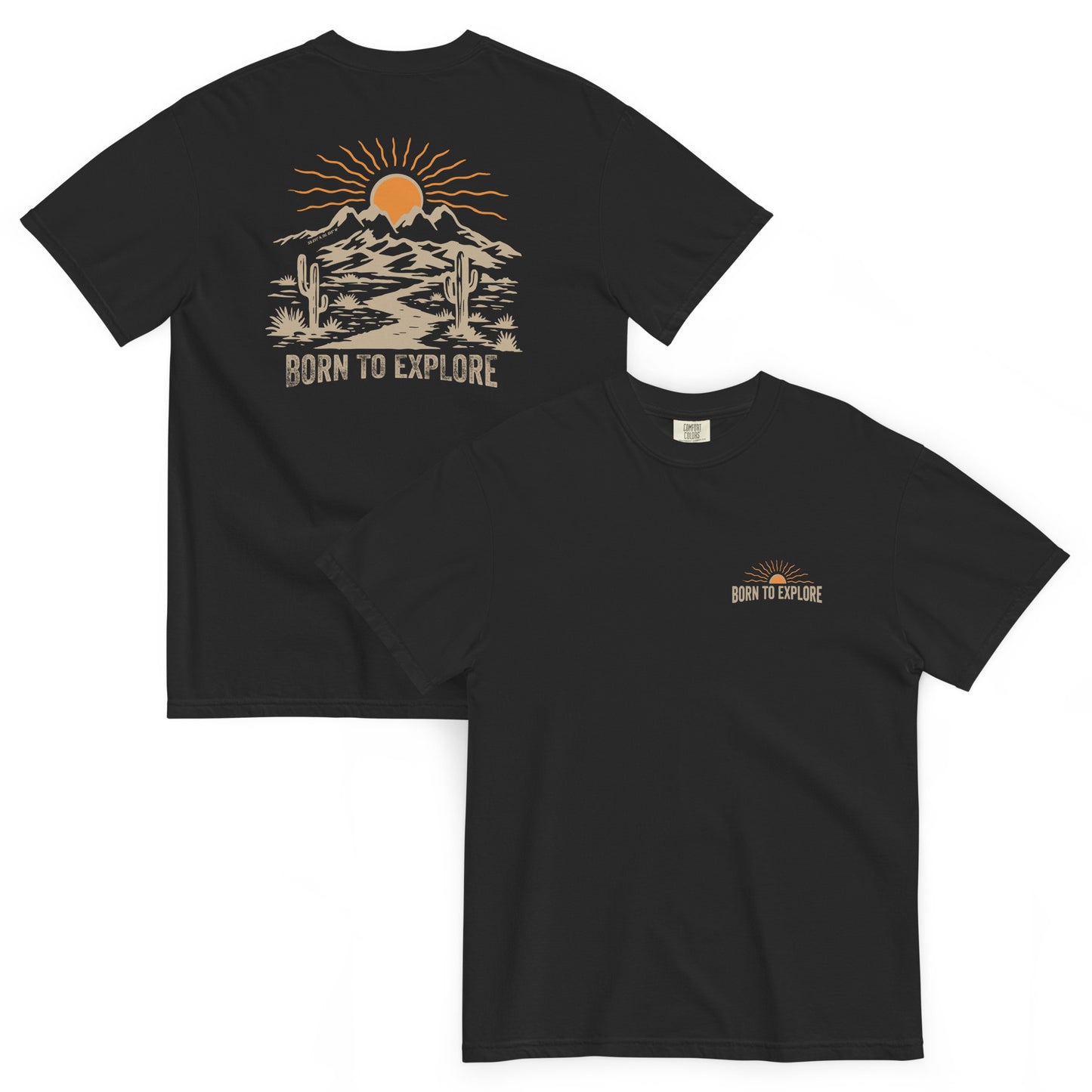Black t-shirt with nature themed graphic design including mountains, sun, cacti and a dirt trail with 'Born to Explore' text on a white background