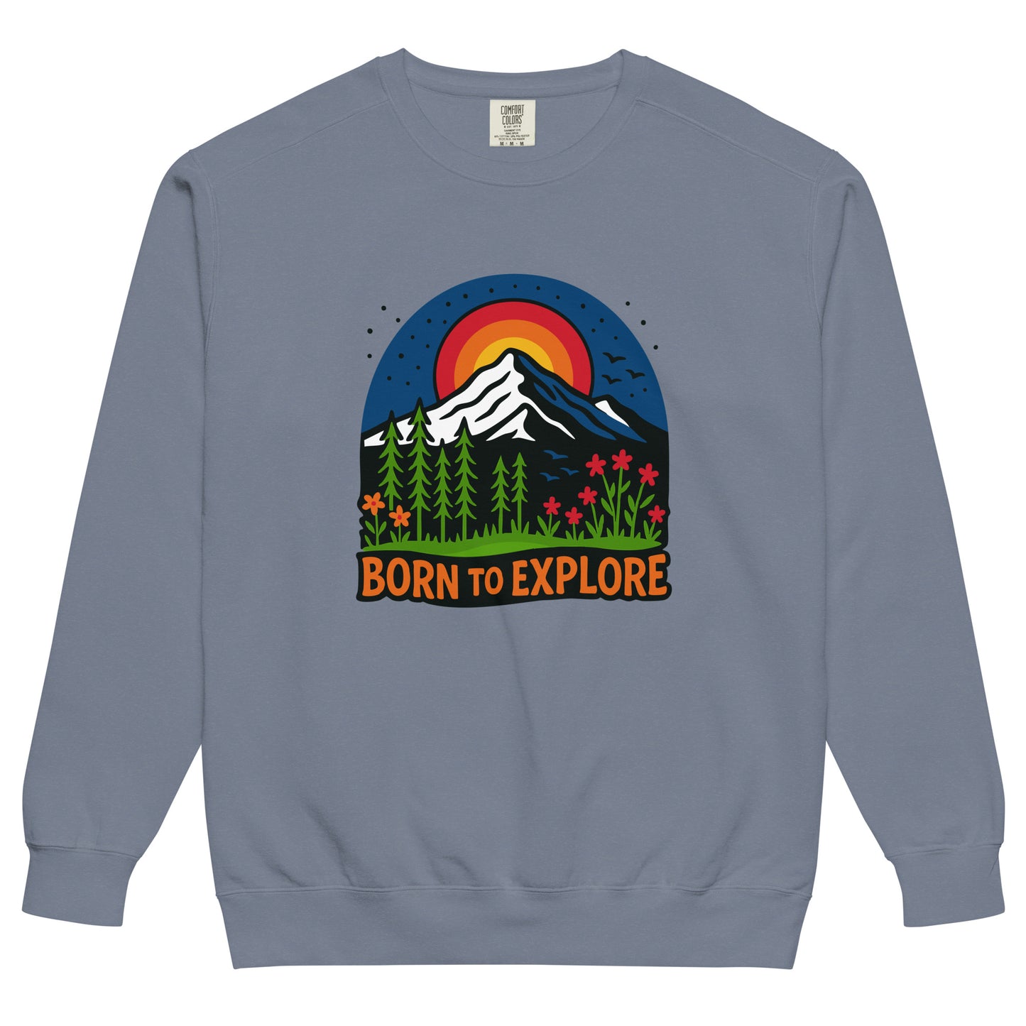 Blue jean color sweatshirt with 'Born to Explore' mountain and meadow graphic design on a white background