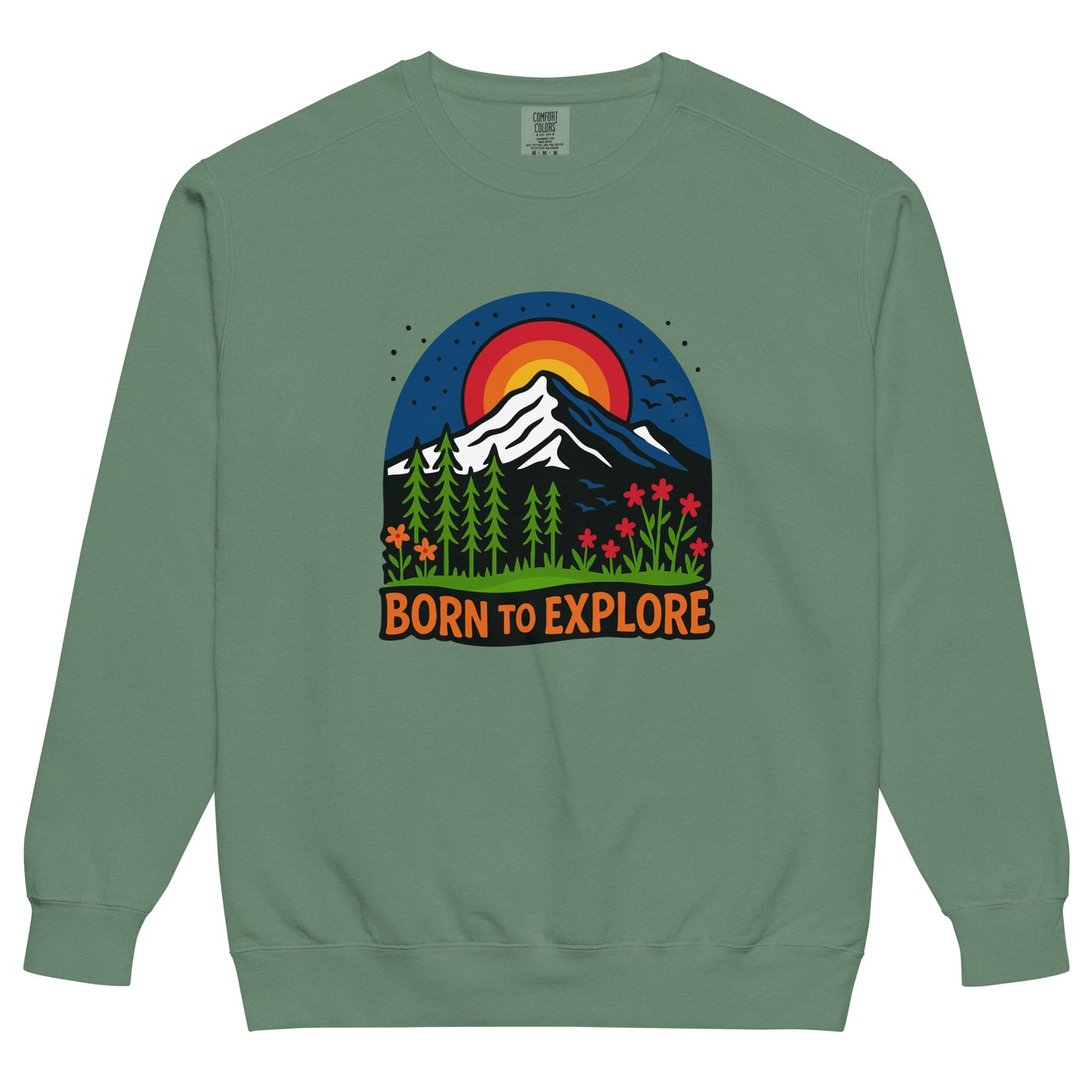 Green sweatshirt with 'Born to Explore' mountain and meadow graphic design on a white background