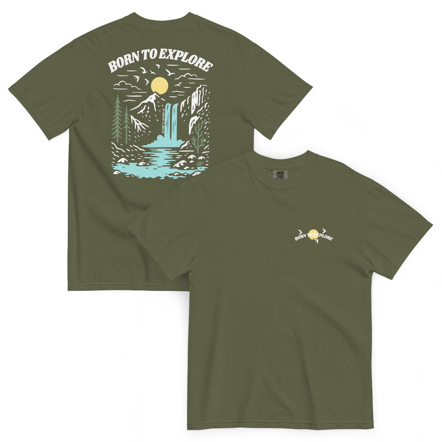 Hemp green t-shirt with nature-themed design, trees, mountain, waterfall, birds flying near sun and 'Born to Explore' text on a white background