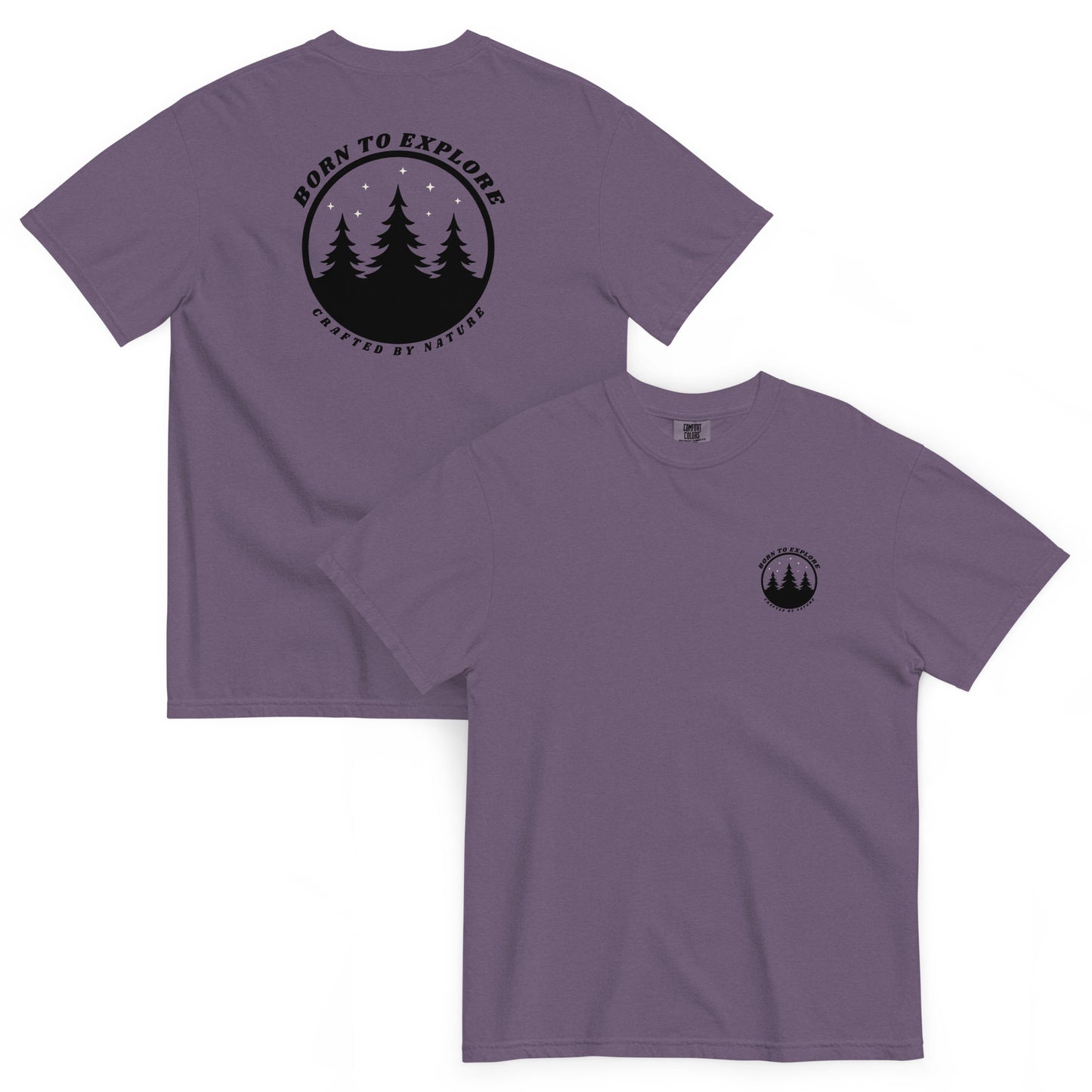 Purple t-shirt with nature themed, black graphic design, trees, stars and the text 'born to explore, crafted by nature' on a white background