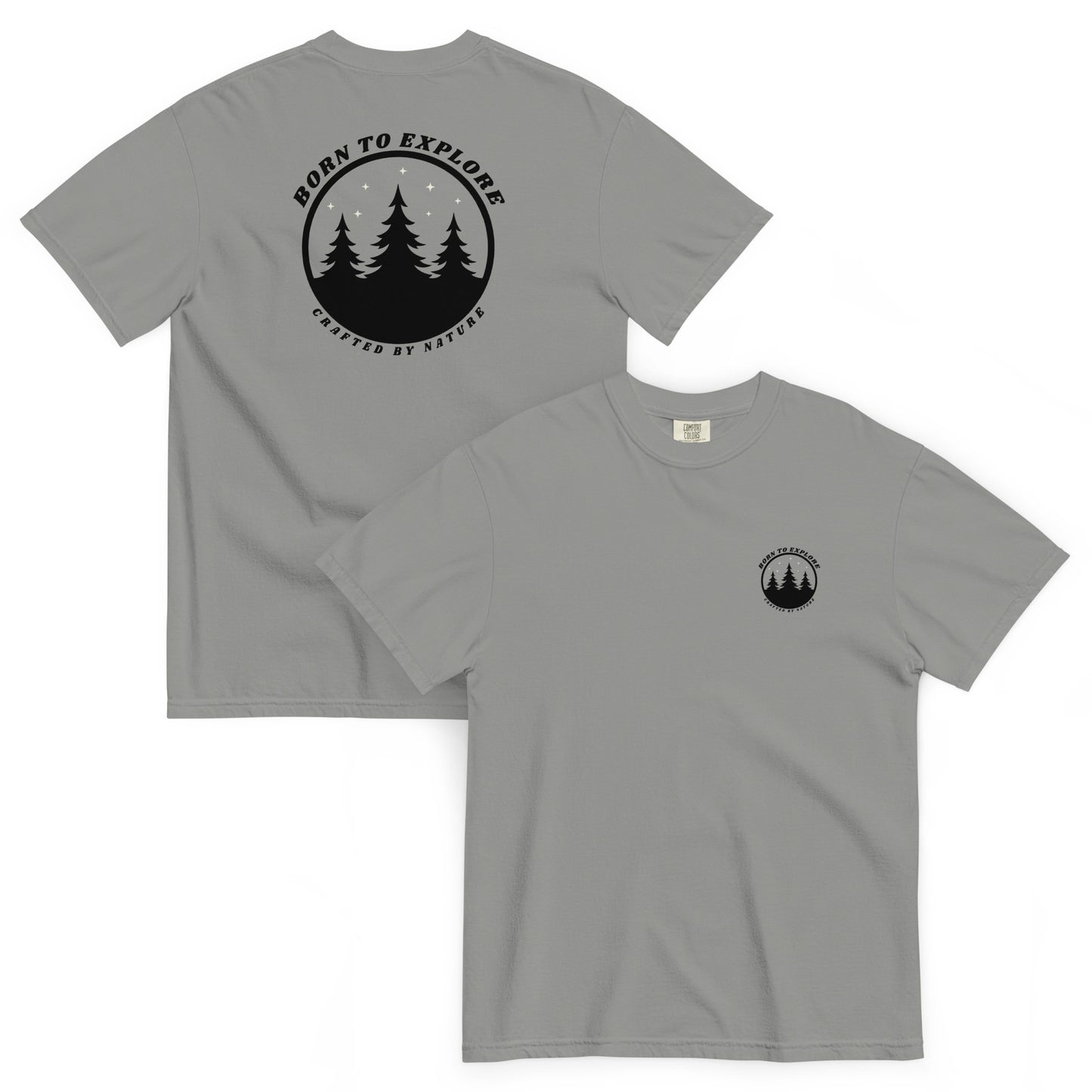 Gray t-shirt with with nature themed, black graphic design, trees, stars and the text 'born to explore, crafted by nature' on a white background