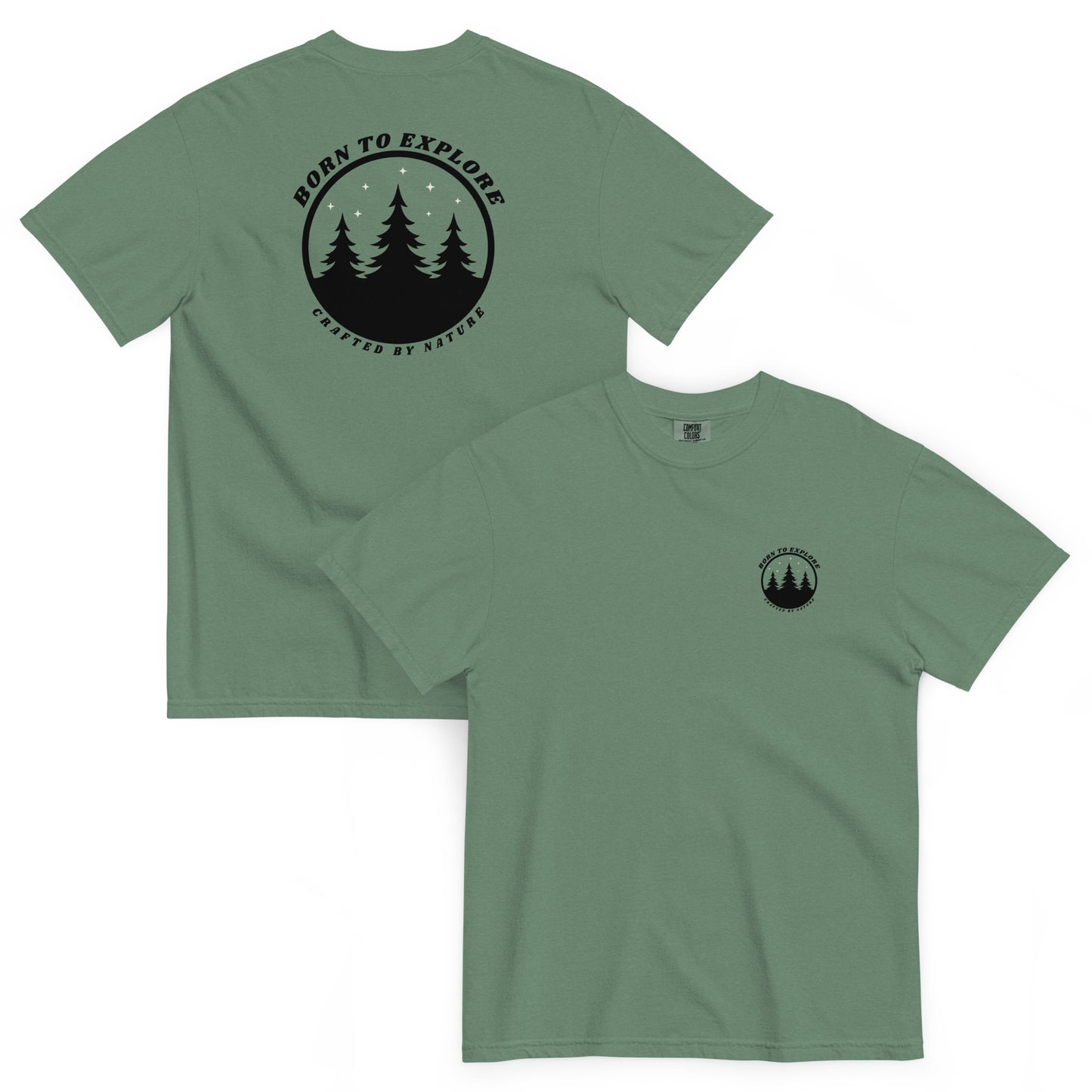 Light green t-shirt with nature themed, black graphic design, trees, stars and the text 'born to explore, crafted by nature' on a white background