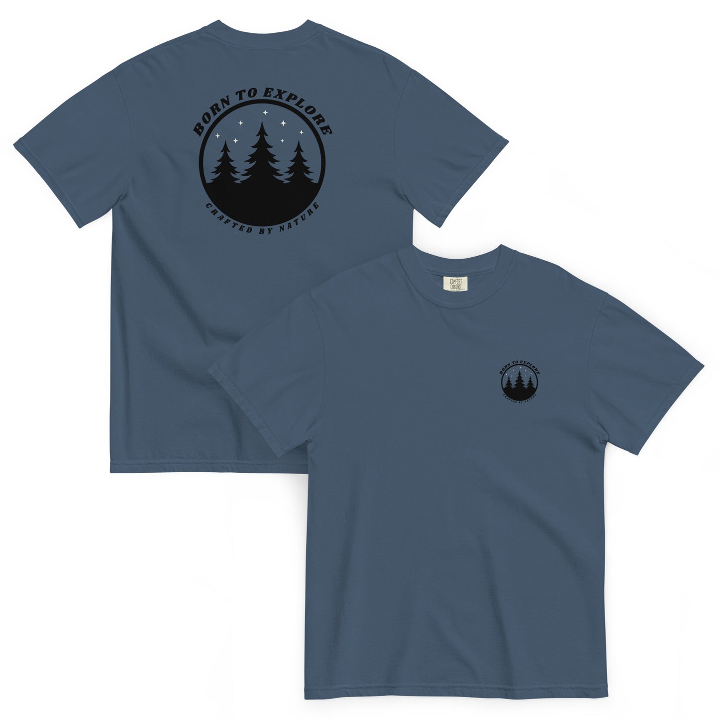 Blue t-shirt with nature themed, black graphic design, trees, stars and the text 'born to explore, crafted by nature' on a white background