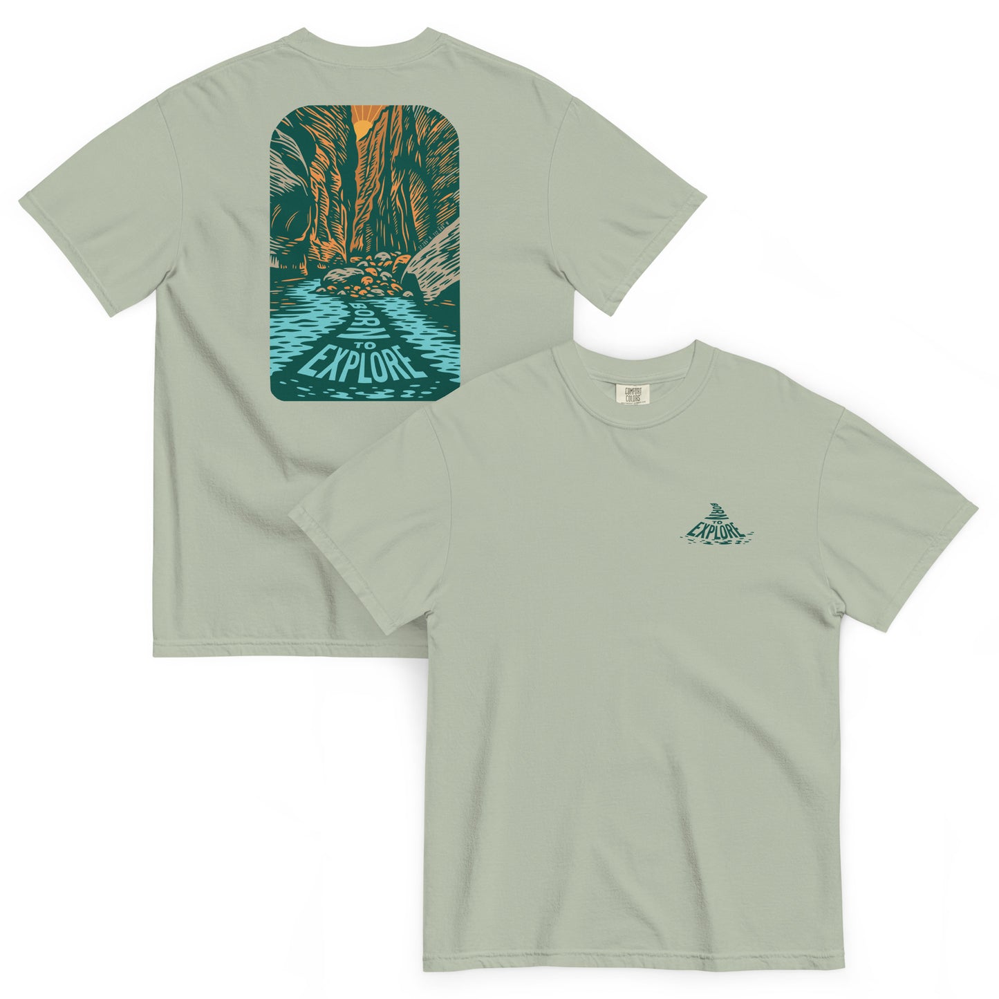 Light green t-shirt with nature-themed design of the narrows canyon from Zion on the back and logo on the front, displayed on a white background.