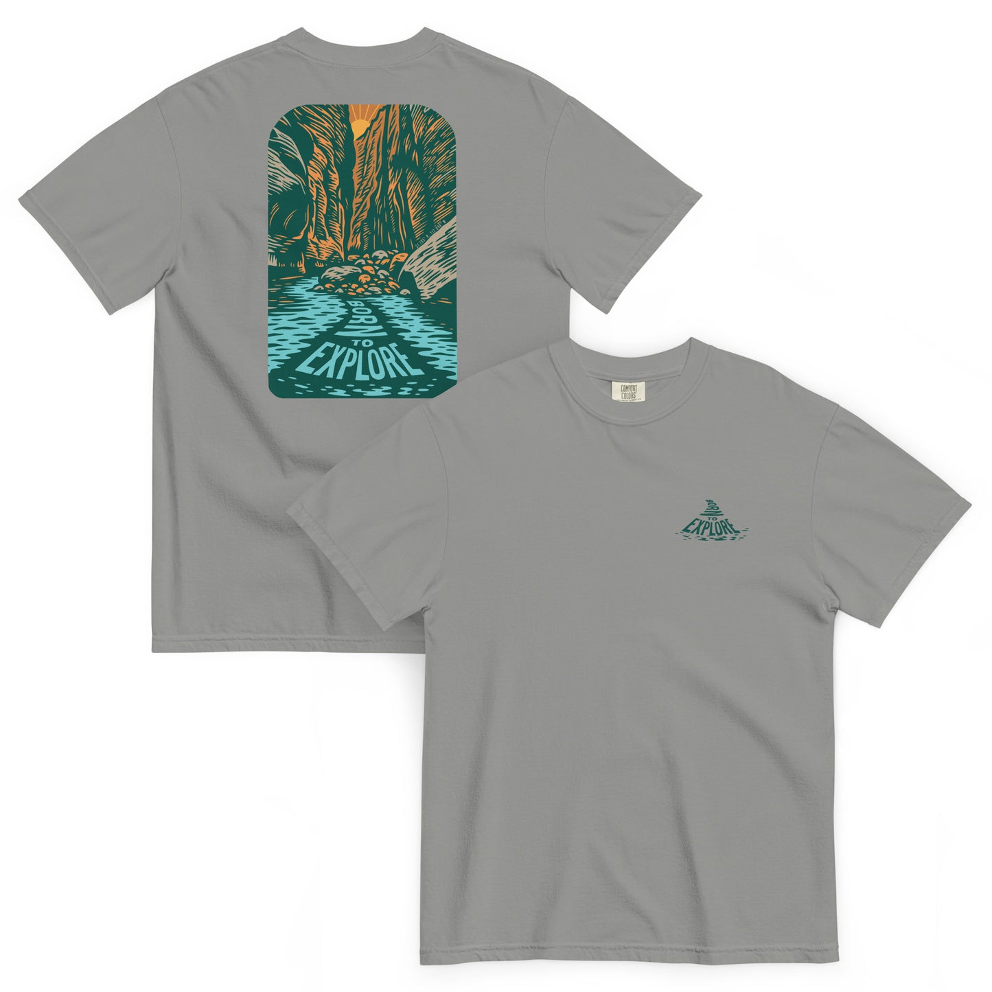 Gray t-shirt with Zion narrows nature-themed design on front and back