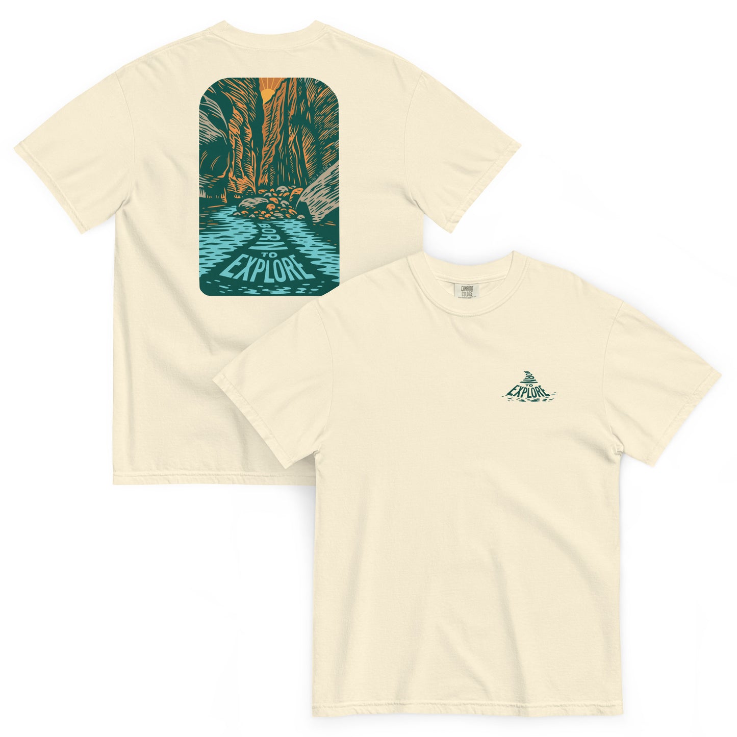 Beige t-shirt with Zion narrows nature-themed design on front and back