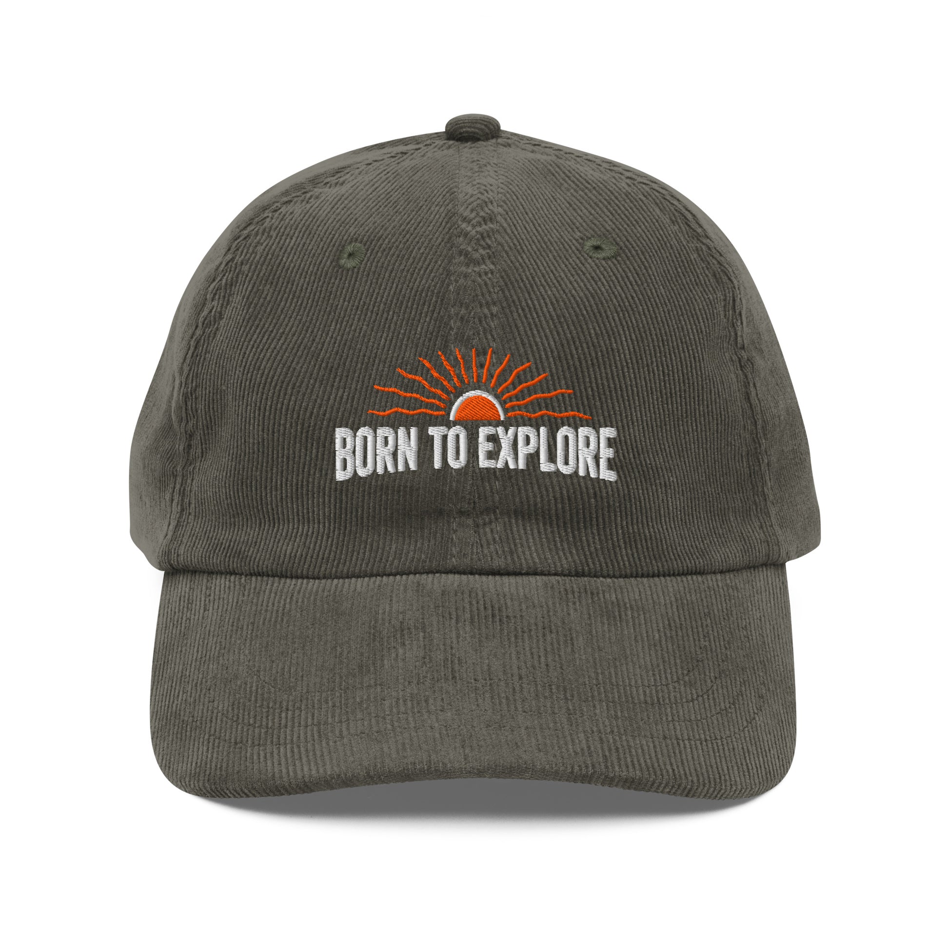 Gray/light green cap with 'Born to Explore' text and sun graphic on a white background