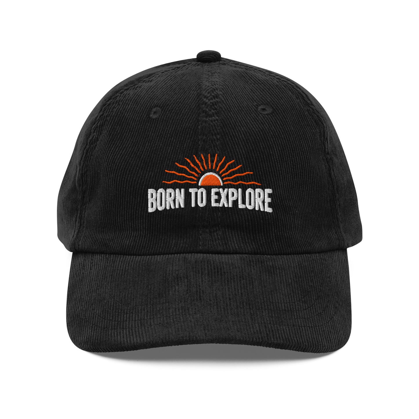 Black cap with 'Born to Explore' text and sun graphic on a white background