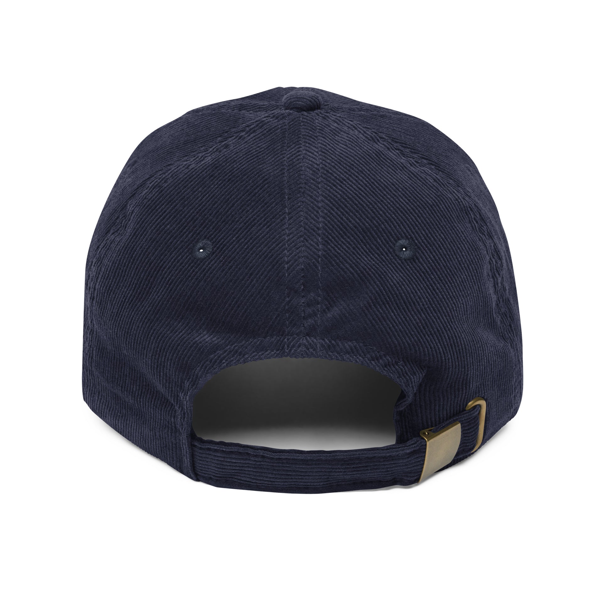 Navy blue cap with a corduroy strap on a white background