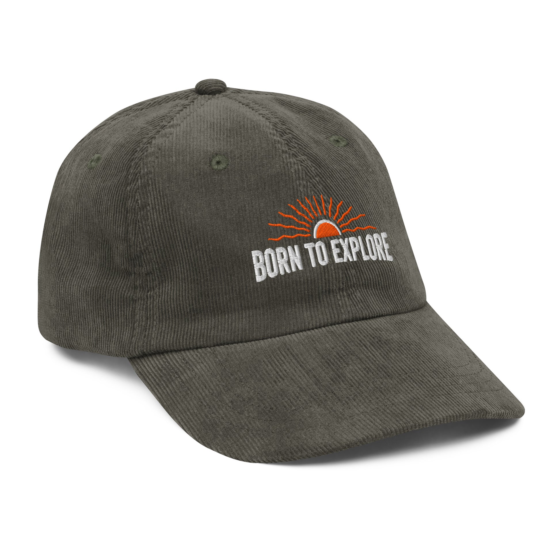 Gray/light green cap with 'Born to Explore' text and logo on a white background