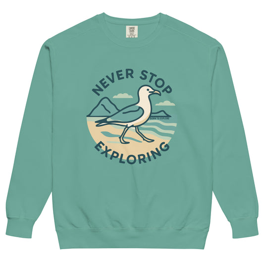 Teal sweatshirt with a seagull, beach and ocean graphic and 'Never Stop Exploring' text on a white background