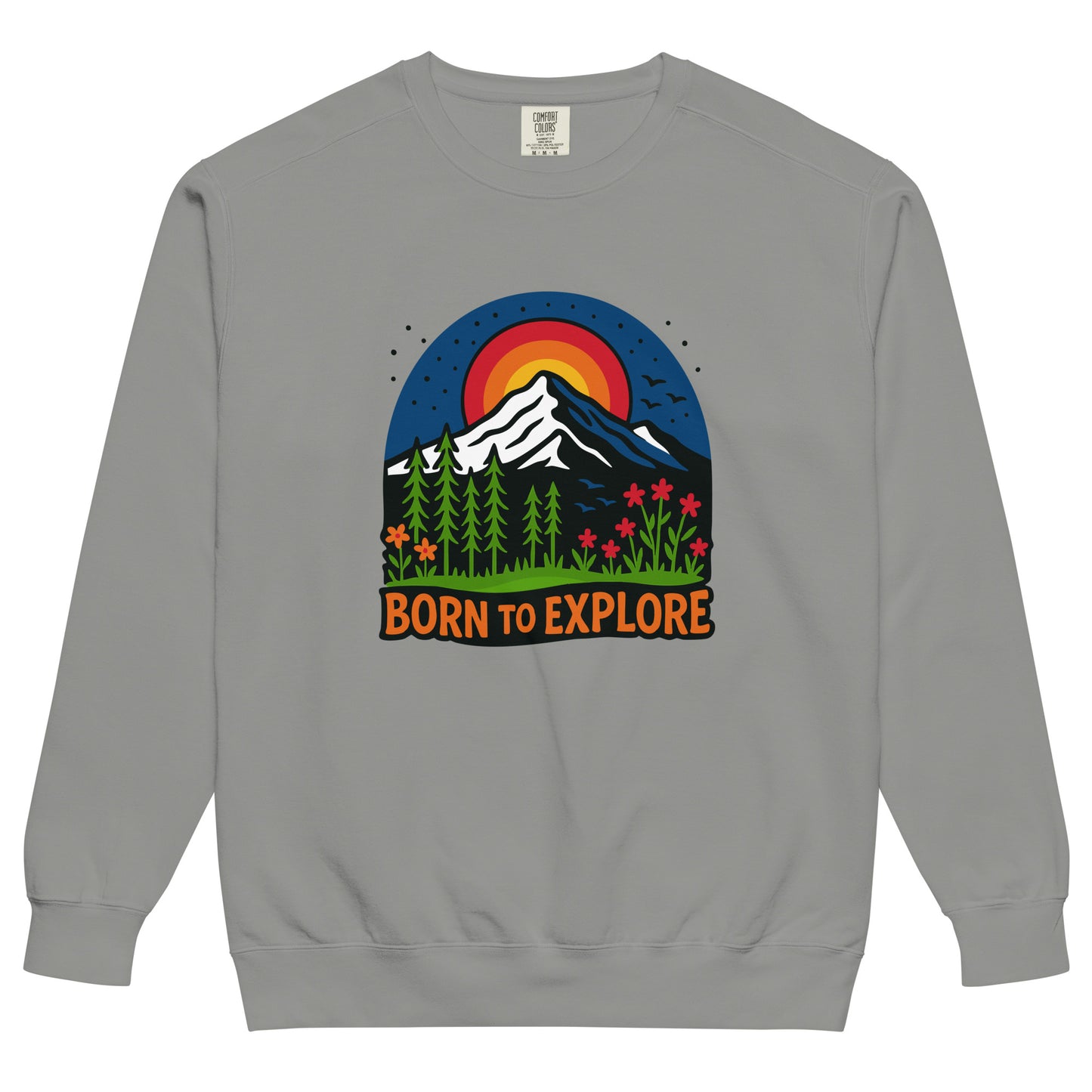 Gray sweatshirt with 'Born to Explore' mountain and meadow graphic design on a white background