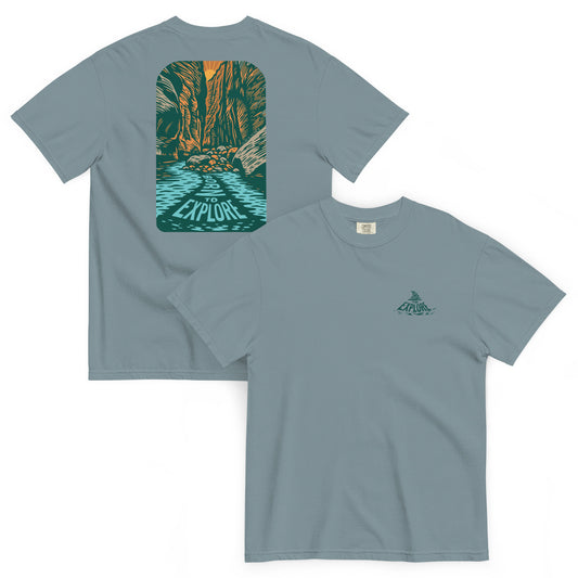 ice blue t-shirt with nature-themed design on front and back